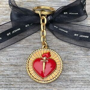 St. John Gold & Red Logo Heart Key Chain/Bag Charm. New NWOT Designer Luxury